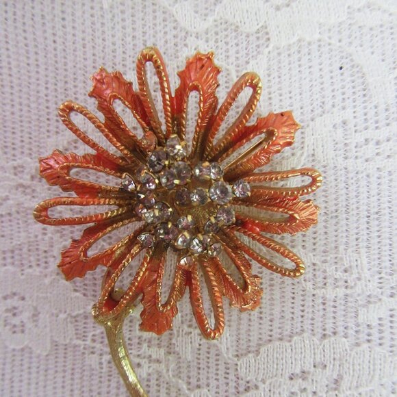 FLORENZA gold tone & rhinestone trembler coral orange sunflower brooch -Spring - Picture 3 of 8